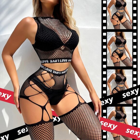 Naughty Black Fishnet Bodysuit - Alluring Plus Size Teddy for Every Occasion - Picture 4 of 6